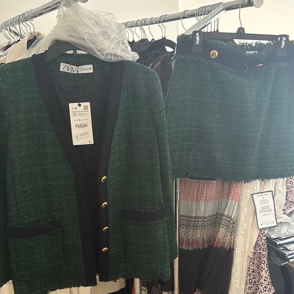 Zara Green Tweed Blazer and Skirt Set